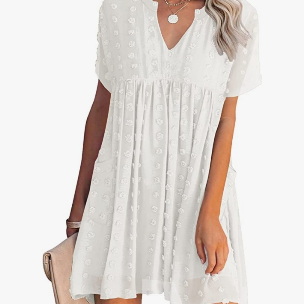 Women's V Neck Short Sleeve Ruffle Loose Summer Flowy Mini Dress-2X- White, NWT